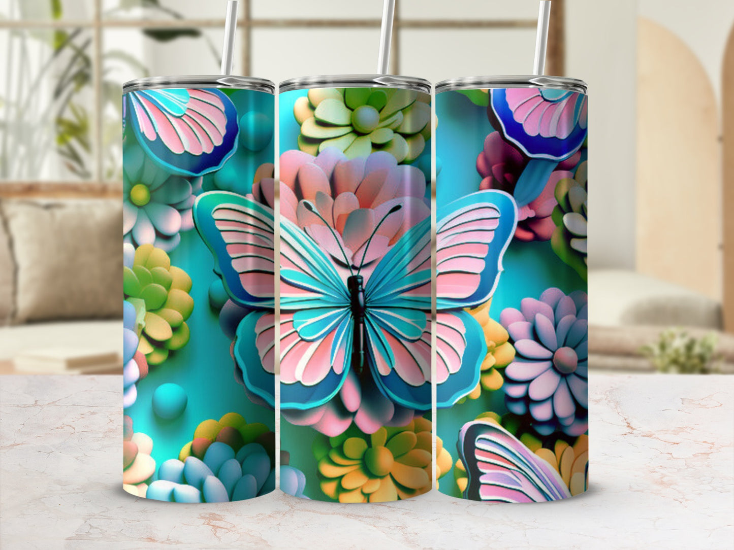 Butterfly and floral design on a three-pack of tumblers.