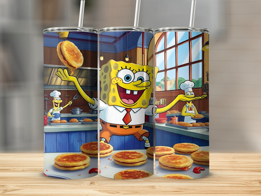 SpongeBob SquarePants making Krabby Patties in a kitchen.