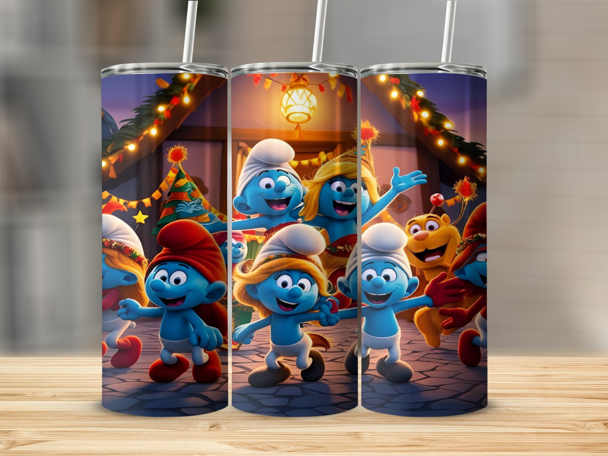 Smurfs celebrating around a Christmas tree with string lights.