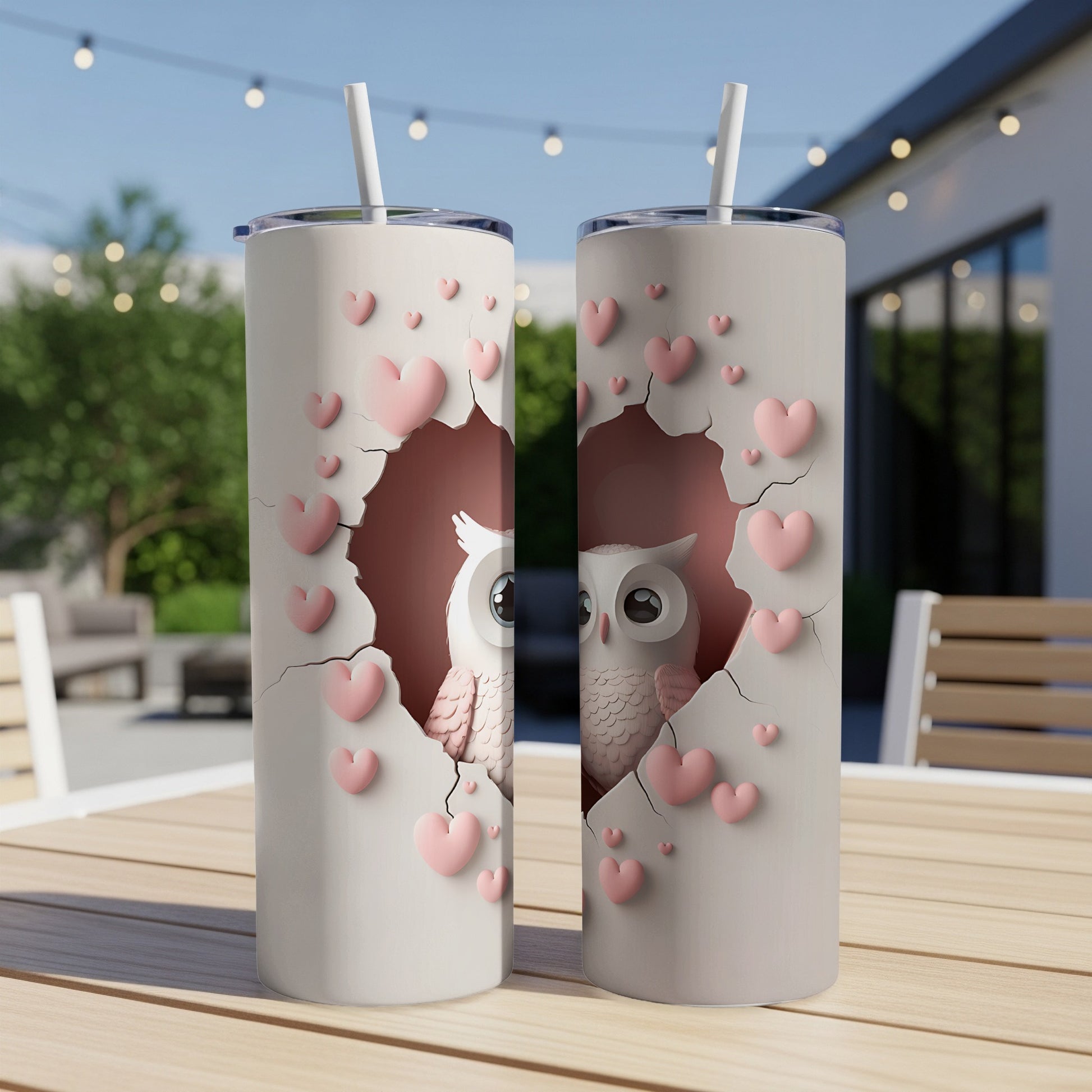 Two tall tumblers with owl and heart designs on an outdoor table.
