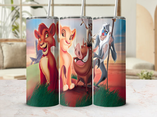 The Lion King characters Simba, Nala, Pumbaa, and Rafiki on a tumbler.