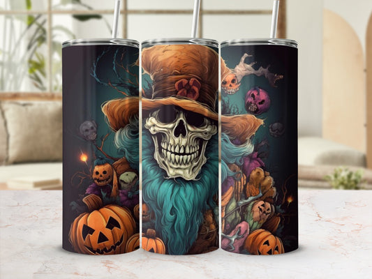 Three tumblers featuring a skeleton in a hat surrounded by pumpkins and Halloween decorations.