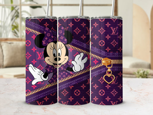 Minnie Mouse in purple monogram zipper pattern tumbler with heart charm.