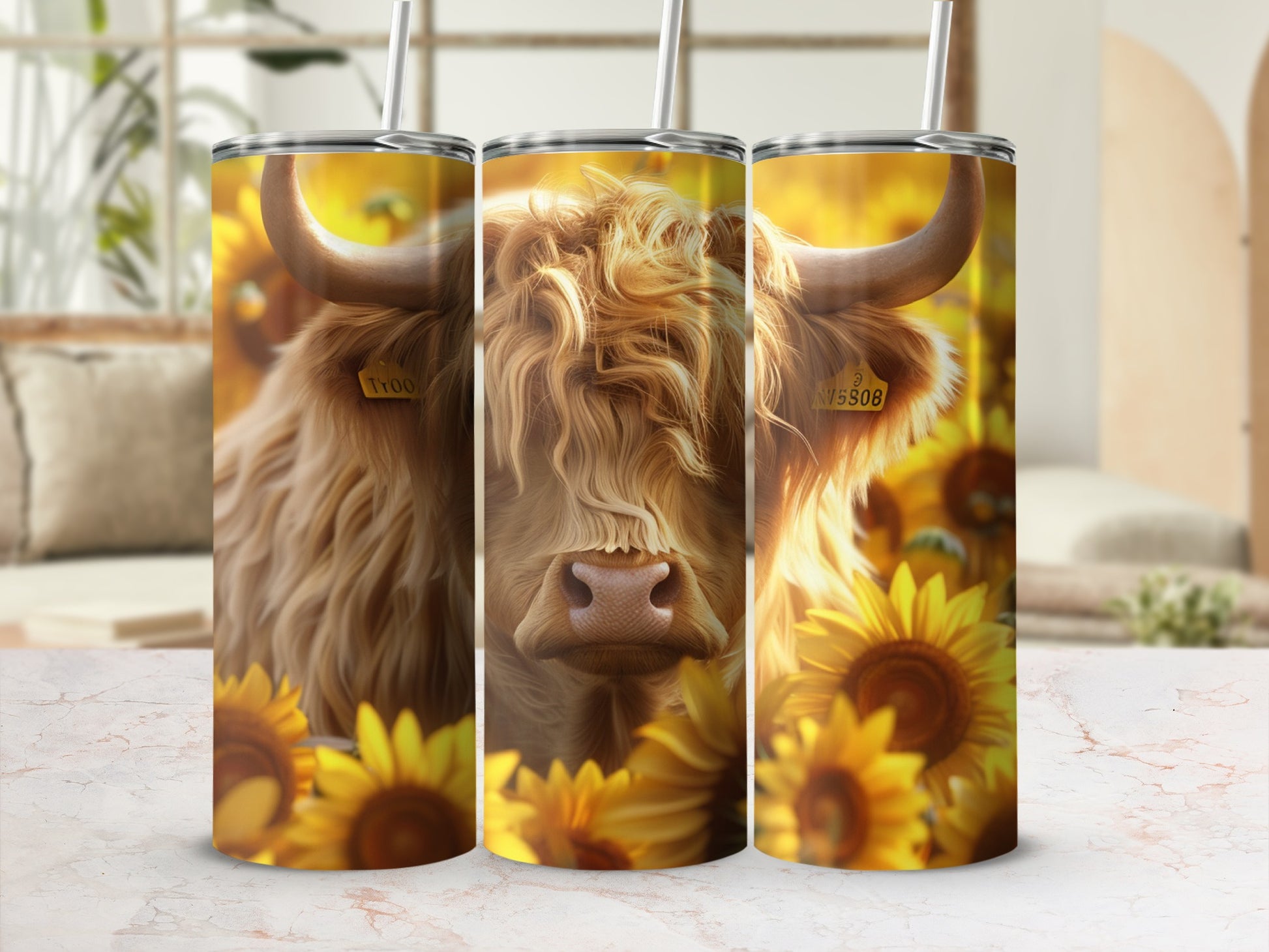 Highland cow with sunflowers on a tumbler.