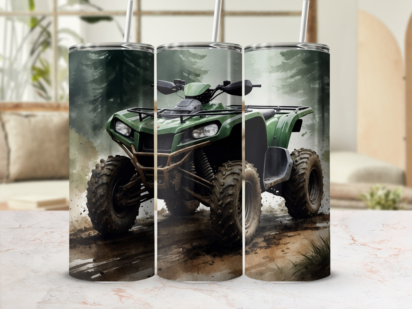 Green ATV on a dirt trail with trees in background.