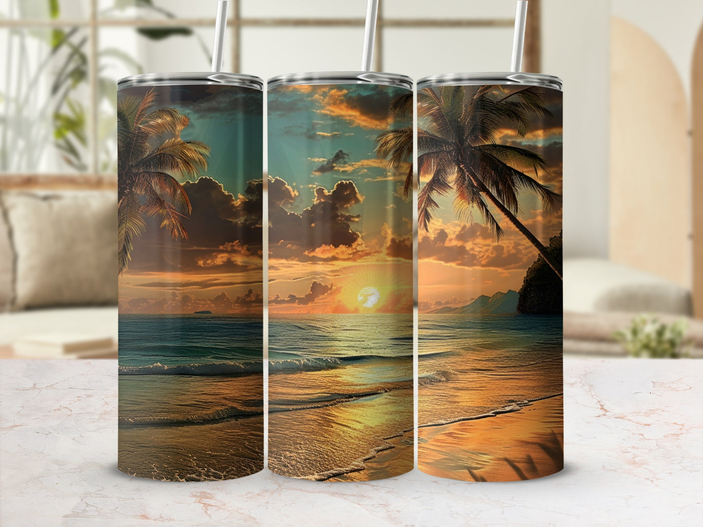Tropical Beach Sunset Scene Tumbler Design