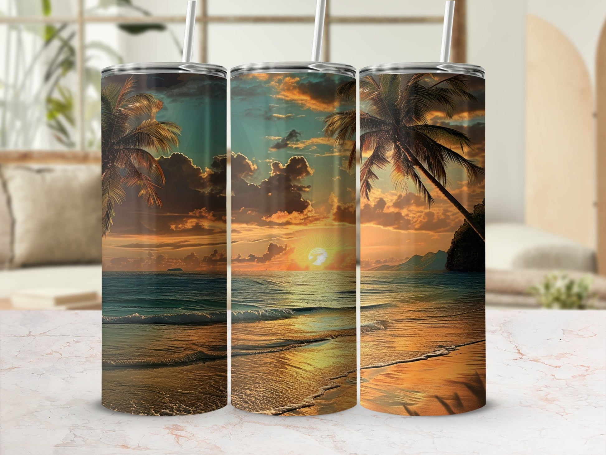 Tropical Beach Sunset Scene Tumbler Design