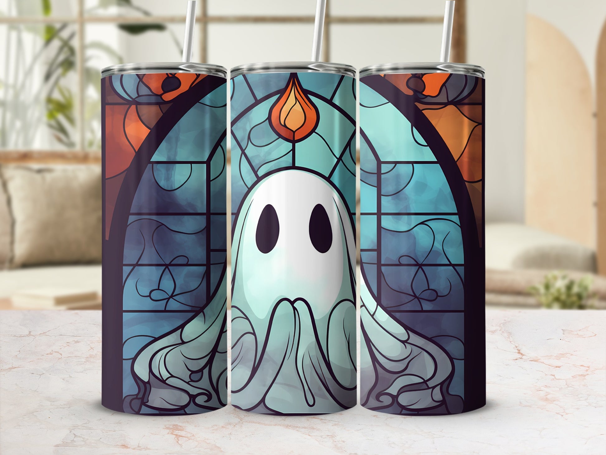 Ghost in stained glass tumbler with flame design and straw.
