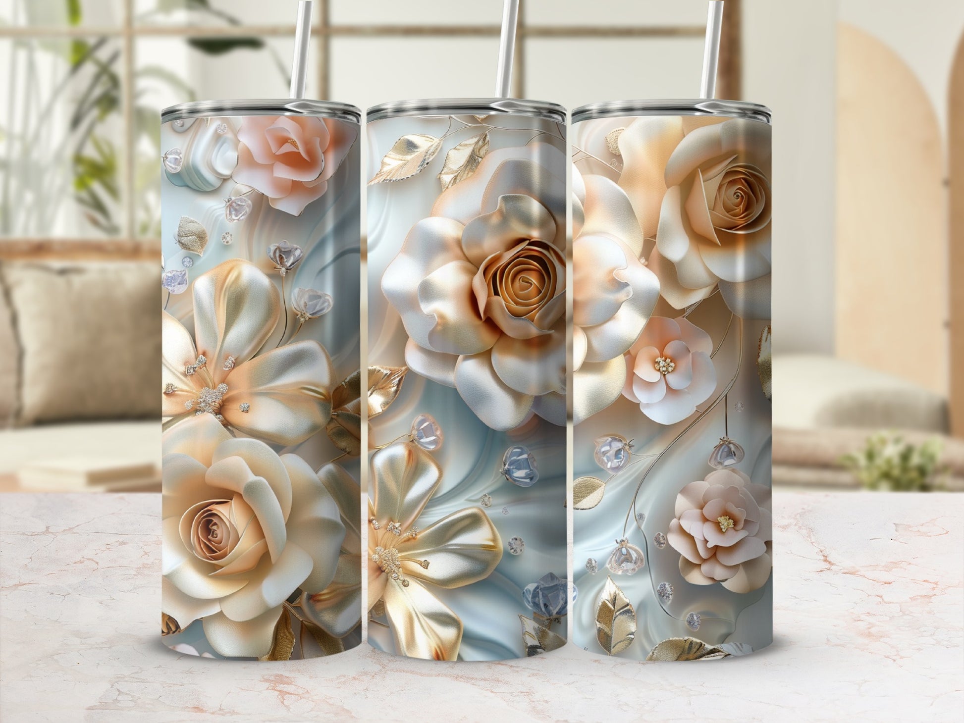Three tumblers with floral designs featuring large rose and leaf motifs.