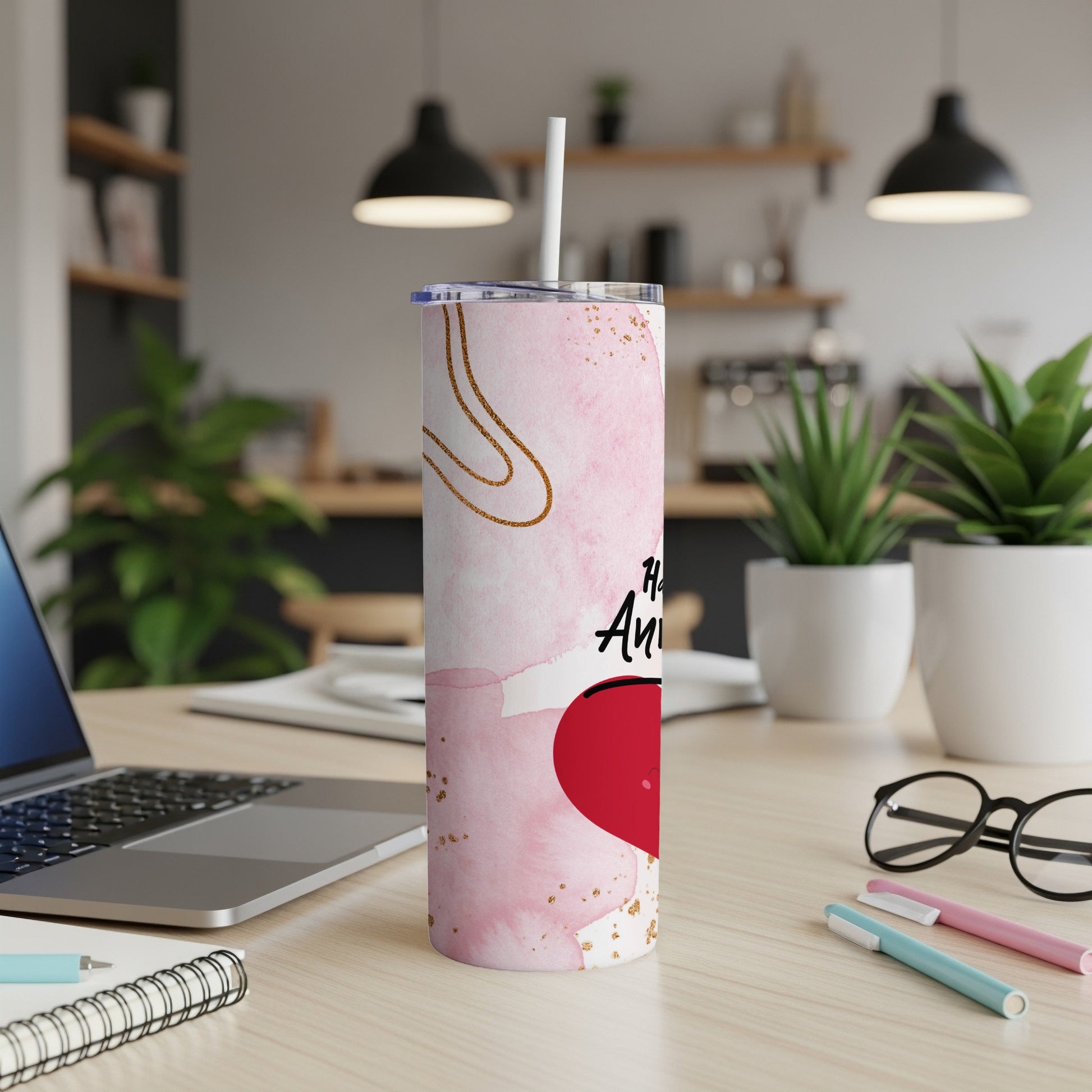 Pink abstract tumbler with "Happy Anniversary" text and a heart design.