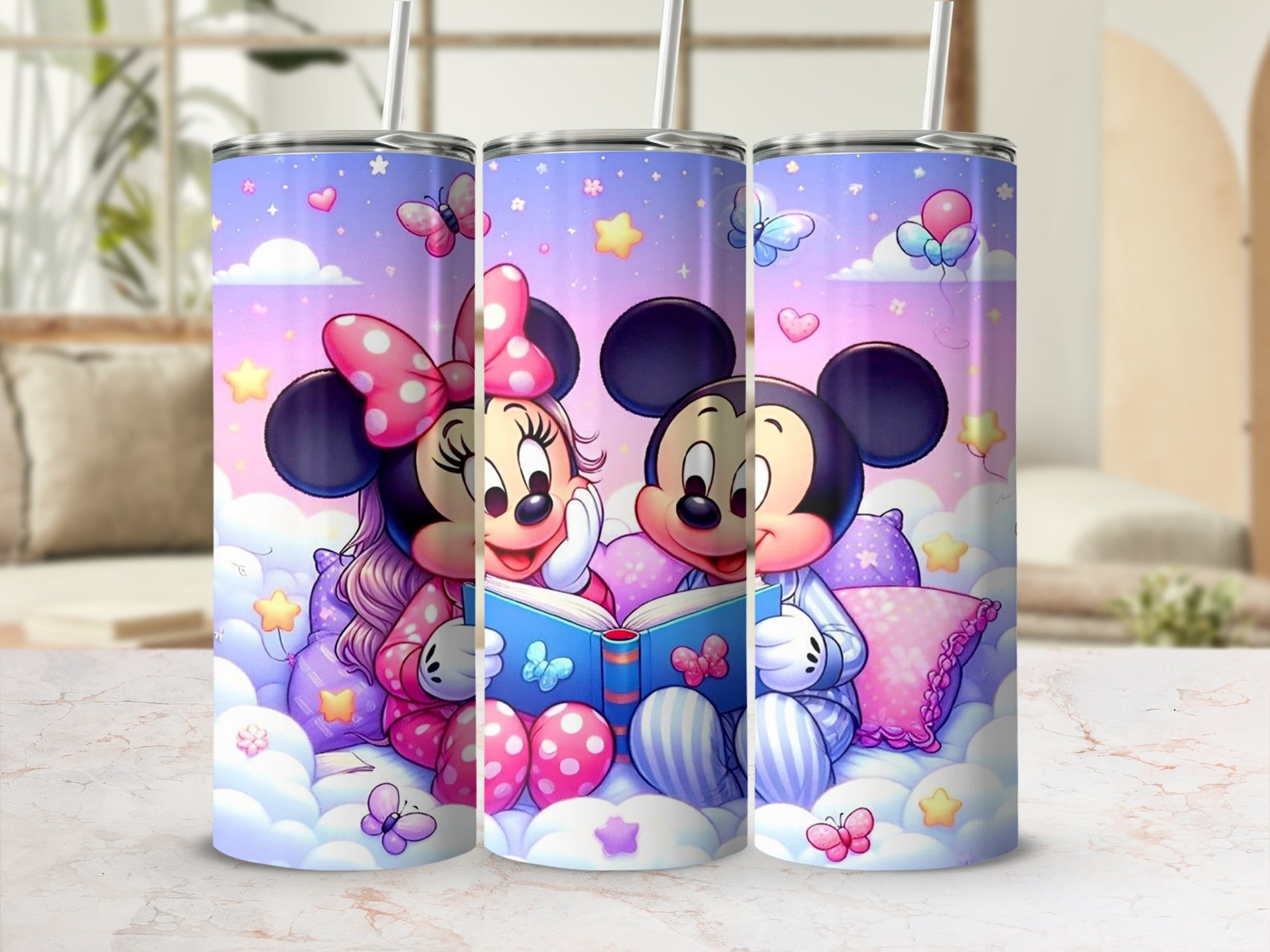 Mickey and Minnie Mouse reading a book under a pastel sky with clouds and butterflies.