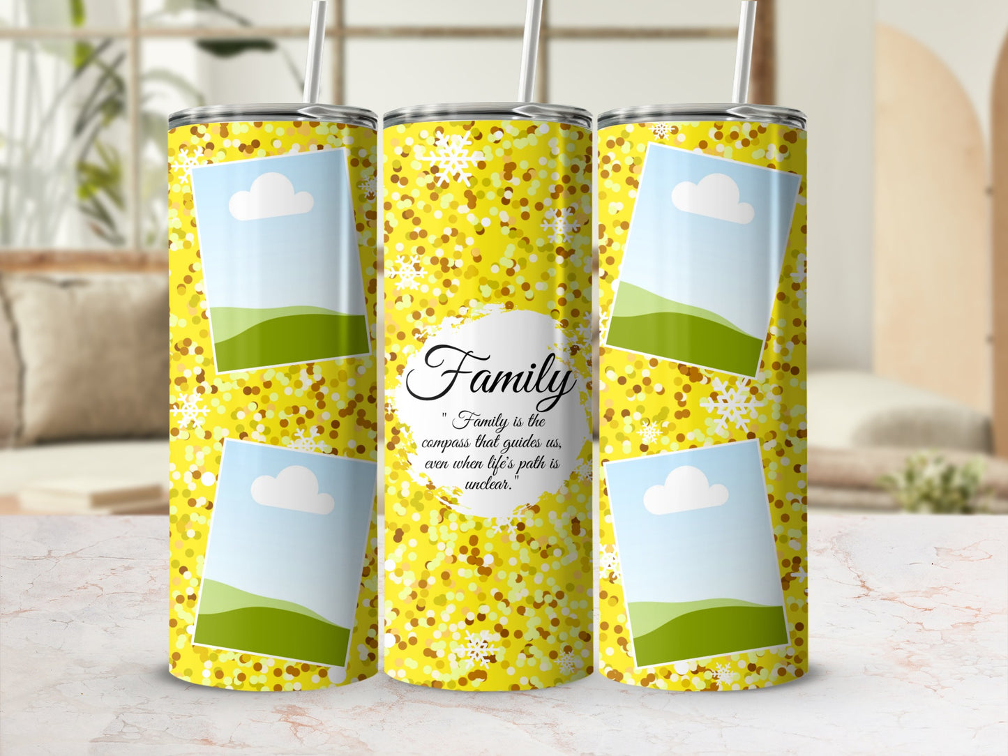 Yellow glitter tumbler with photo frames and "Family" quote.