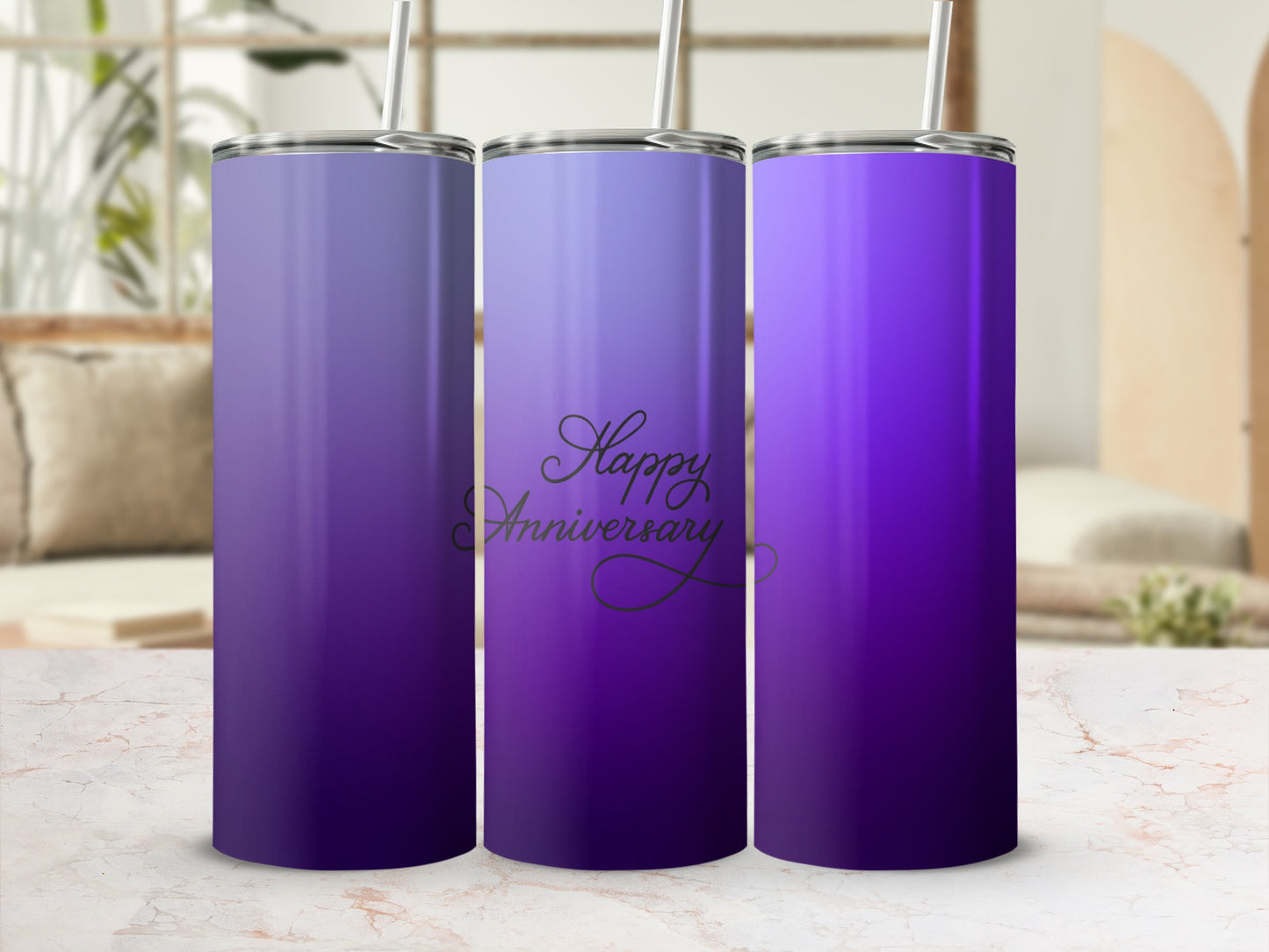Purple gradient tumbler with "Happy Anniversary" text.