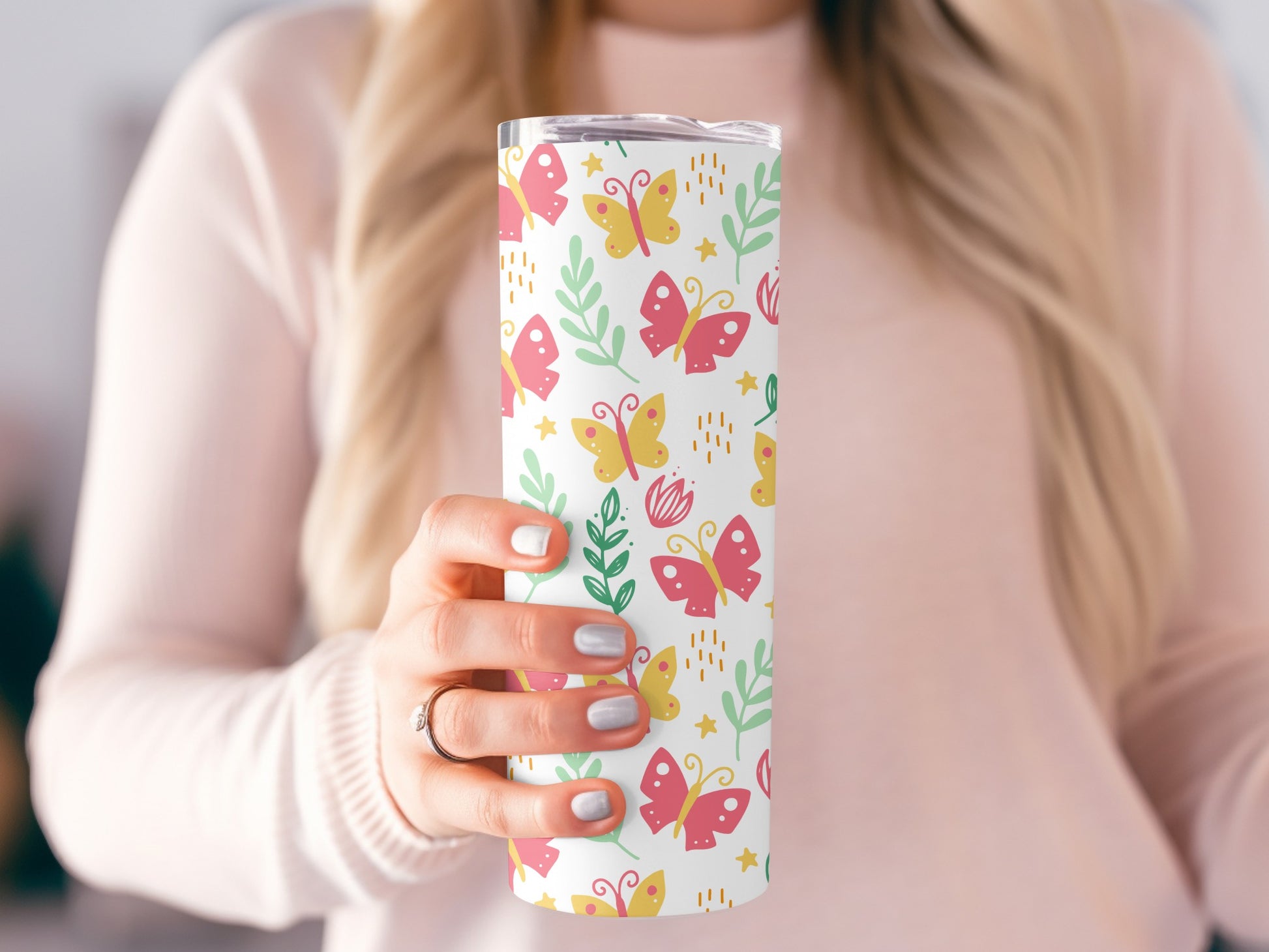 Colorful Butterfly Pattern Travel Tumbler with Lid