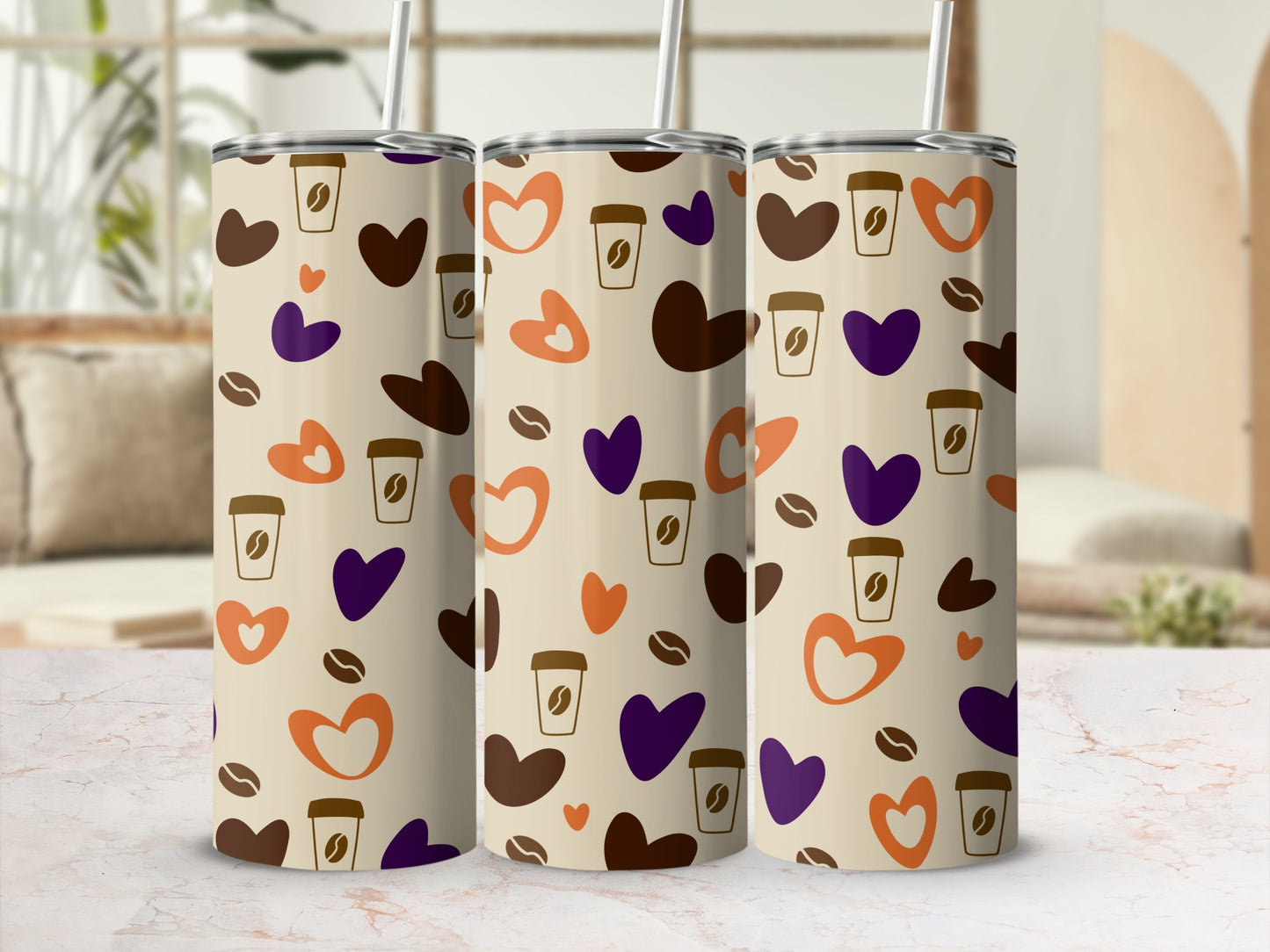 Tan tumbler with coffee cup and heart pattern.