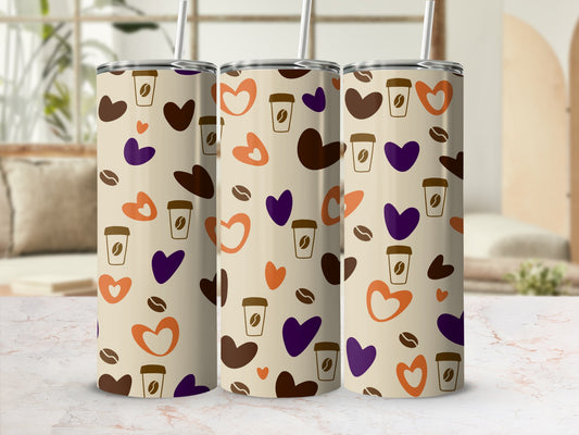 Tan tumbler with coffee cup and heart pattern.