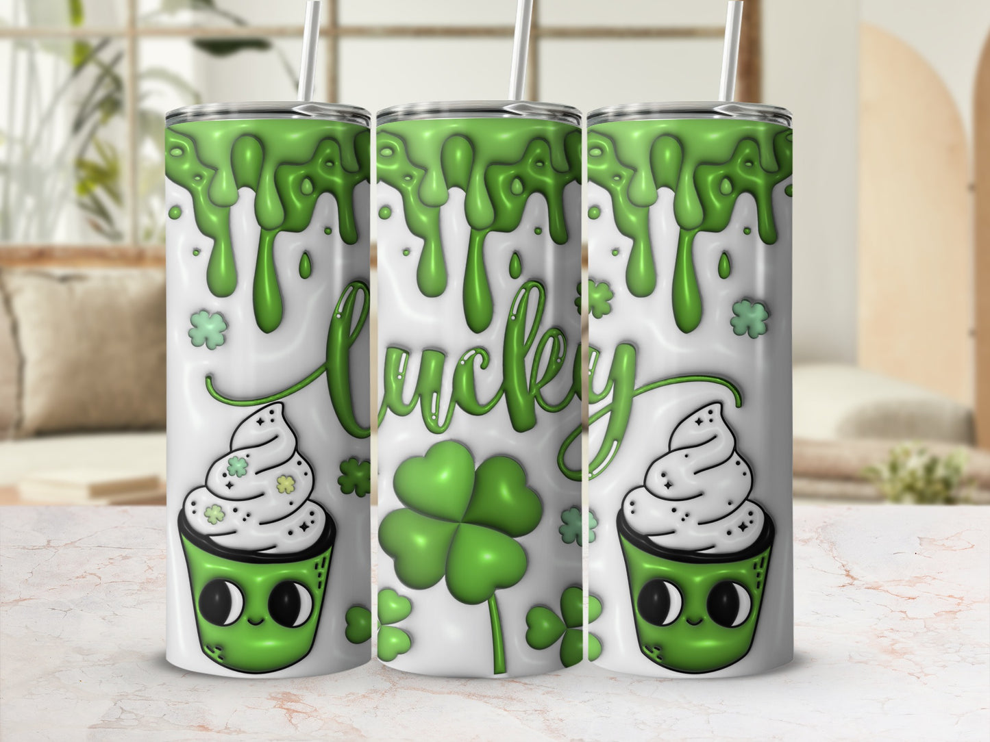 Green lucky shamrock and cupcake tumbler with text.