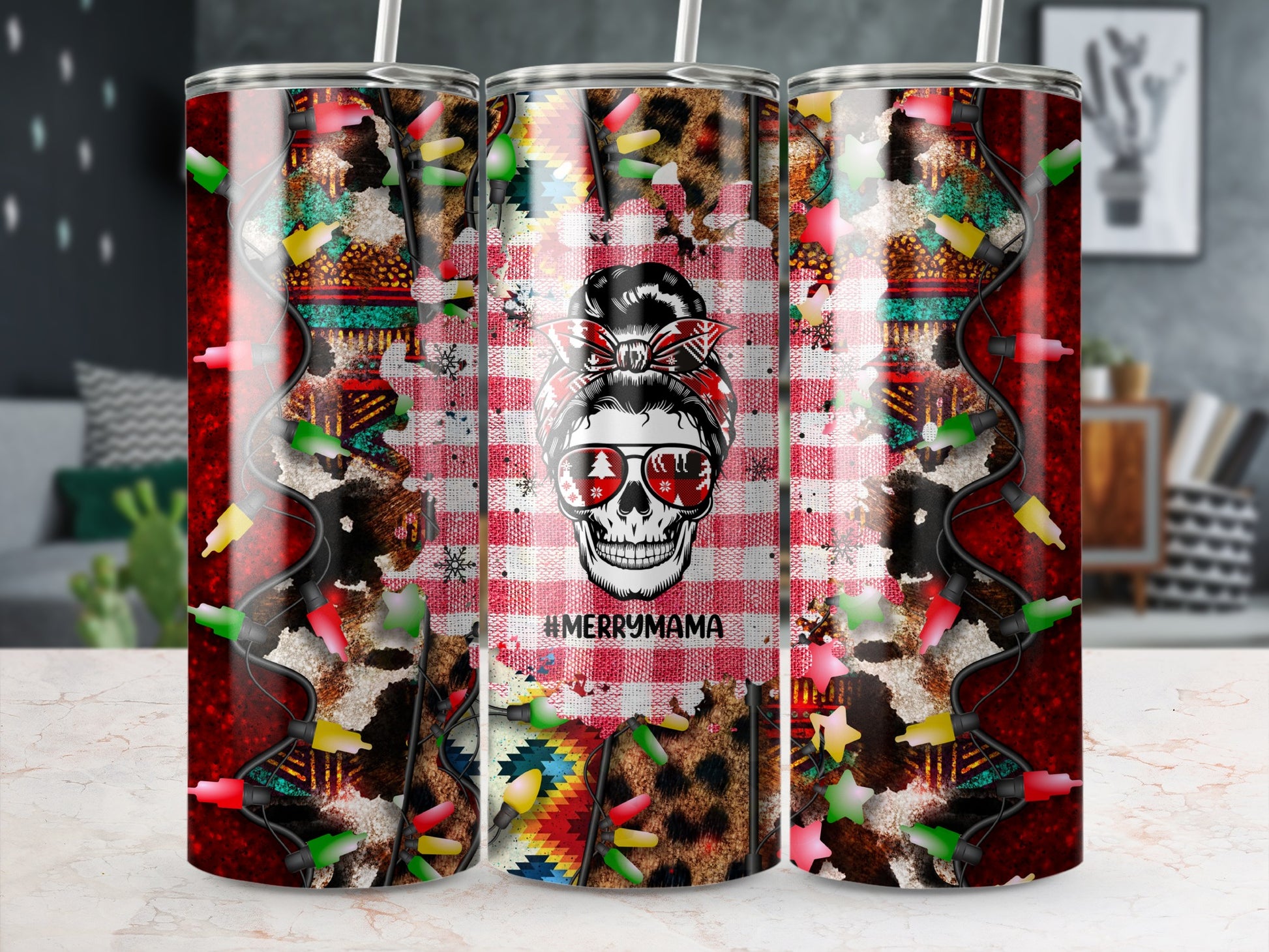 Tumbler with skull graphic, plaid, leopard print, and "#MERRYMAMA" text.