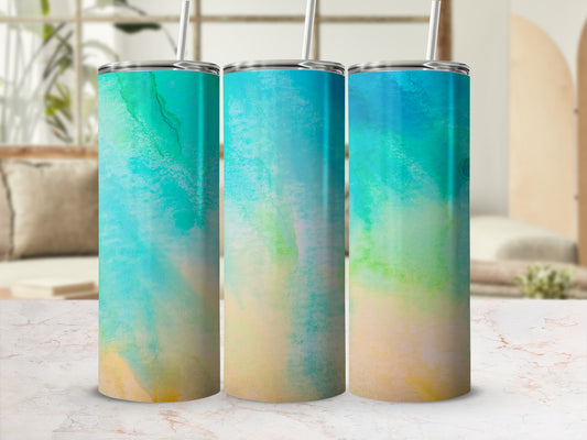 Three tumblers with a watercolor abstract pattern of blue, green, and yellow.