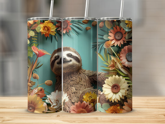 Sloth surrounded by colorful flowers and leaves on a teal background.