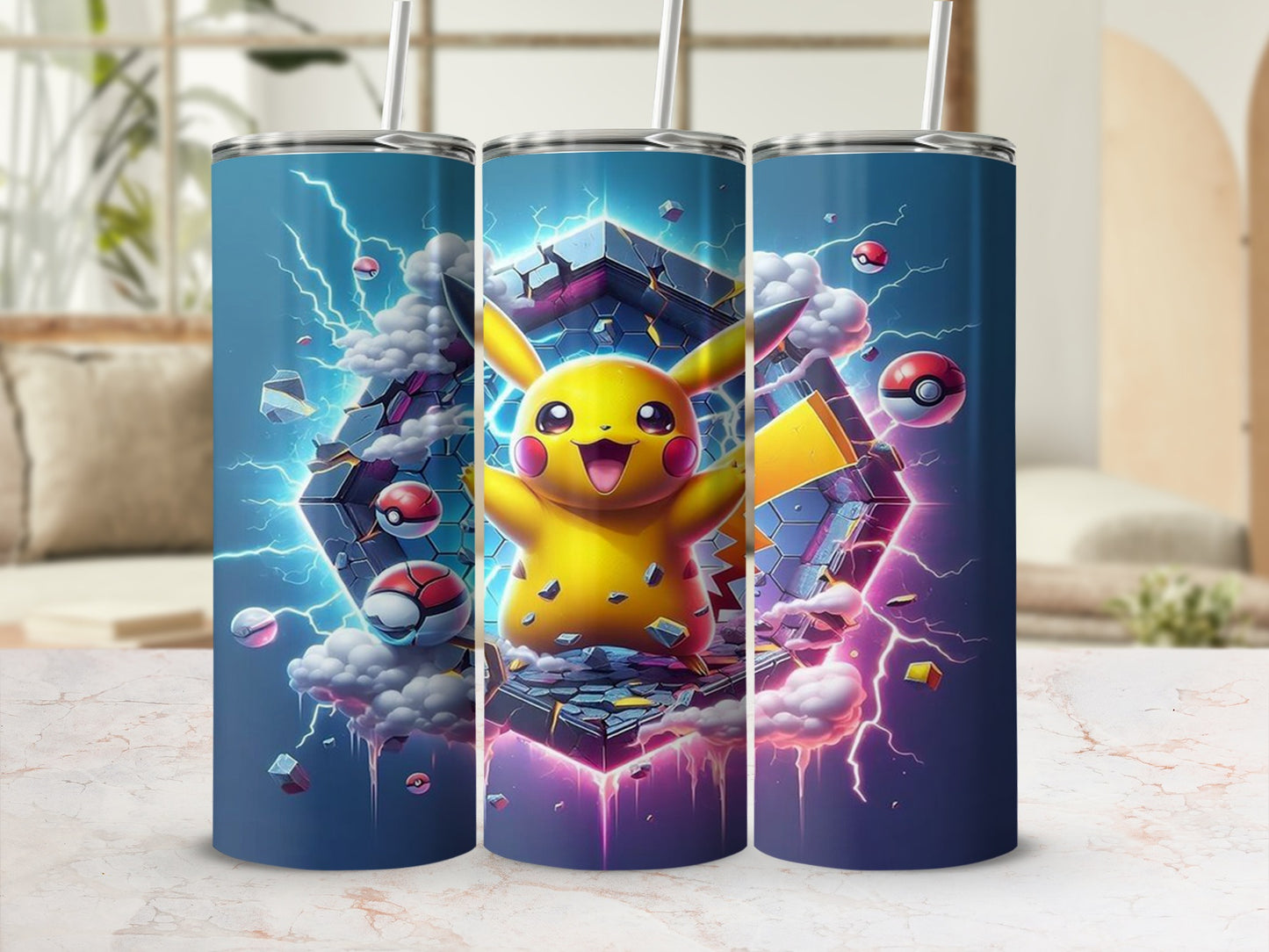 Vibrant Electric Pikachu and Pokeballs Art Tumbler