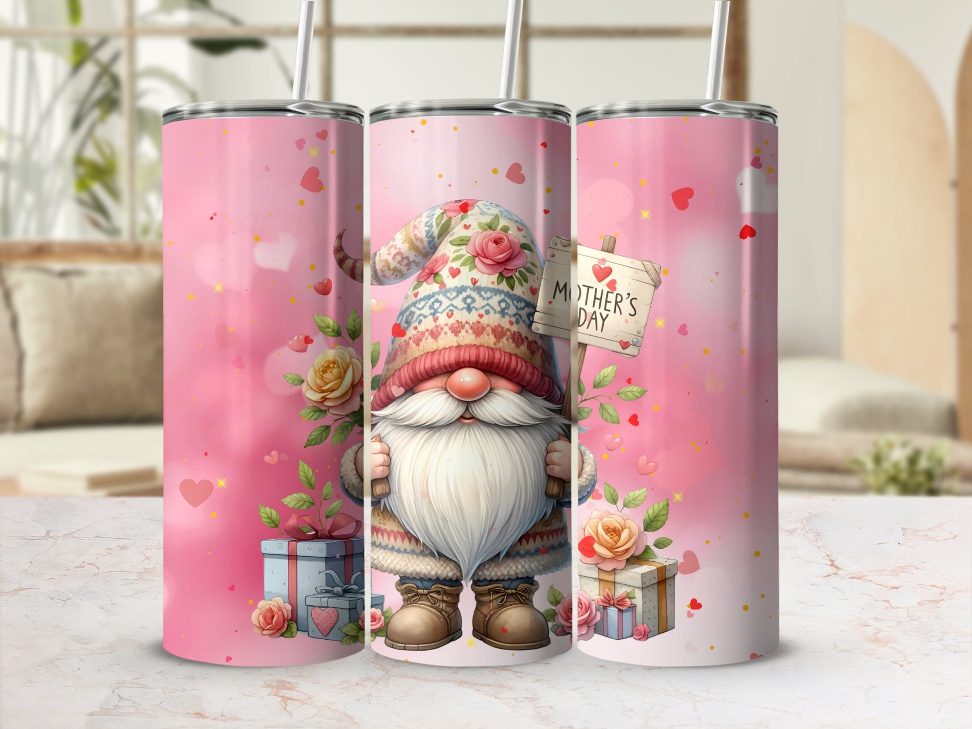 Mother's Day Gnome Tumbler with Floral and Heart Design