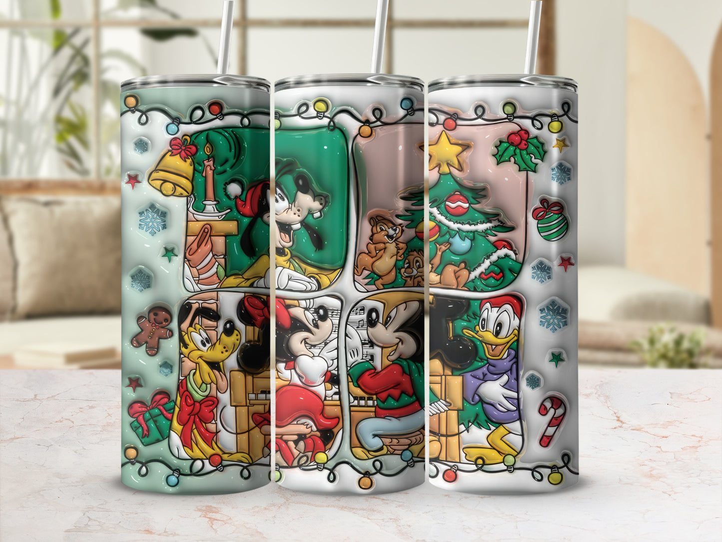 Festive Holiday Cartoon Characters Tumbler with Straw
