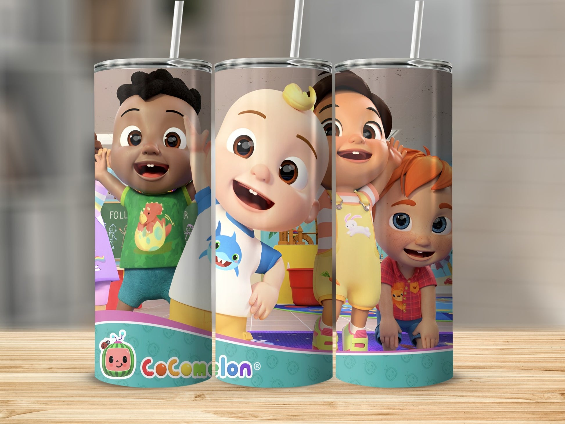 Cocomelon characters JJ, Cody, Nina, and Cece on a tumbler.