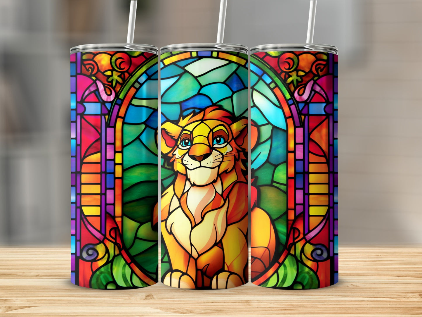 Stained Glass Lion Design Colorful Tumbler Cup
