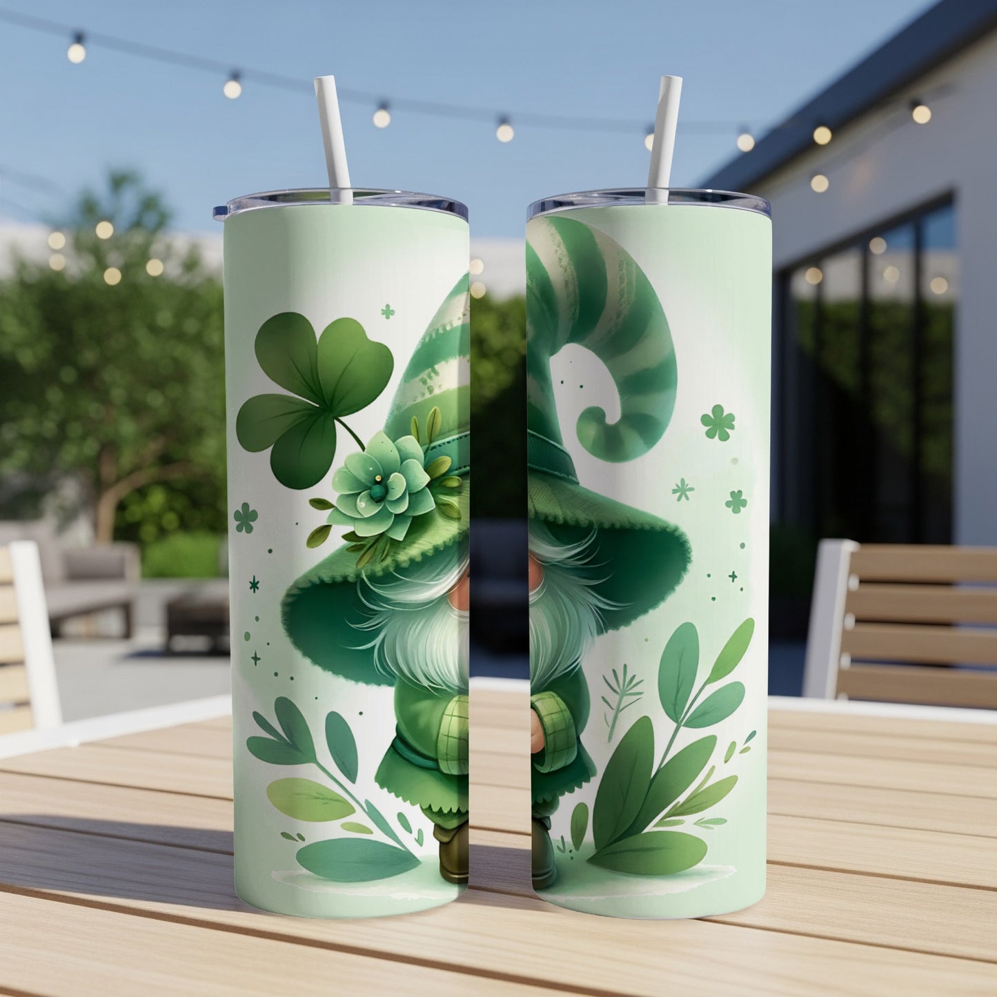 Green gnome with shamrocks on St. Patrick's Day themed tumbler.