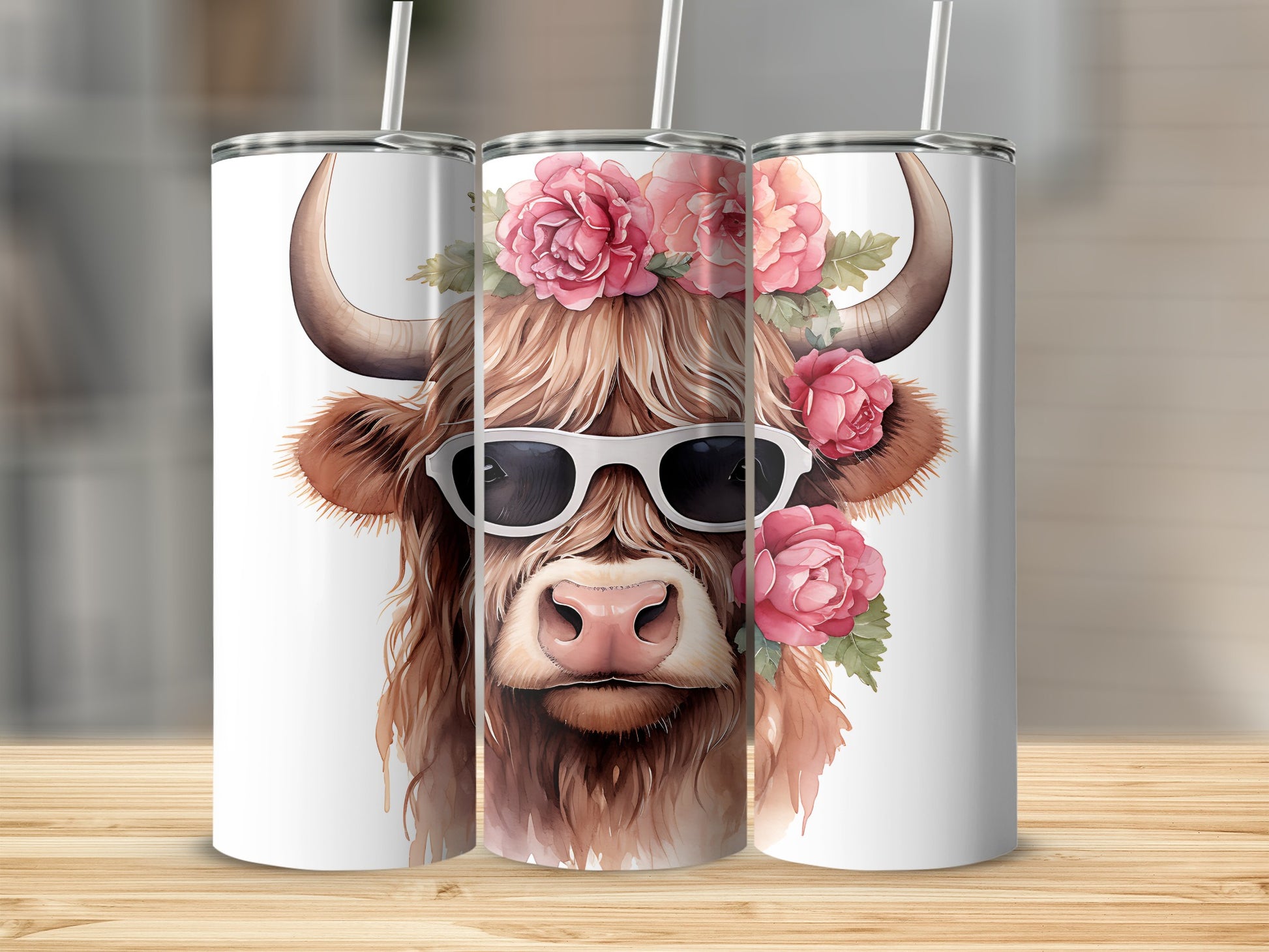 Highland cow wearing sunglasses and a floral crown on a tumbler.