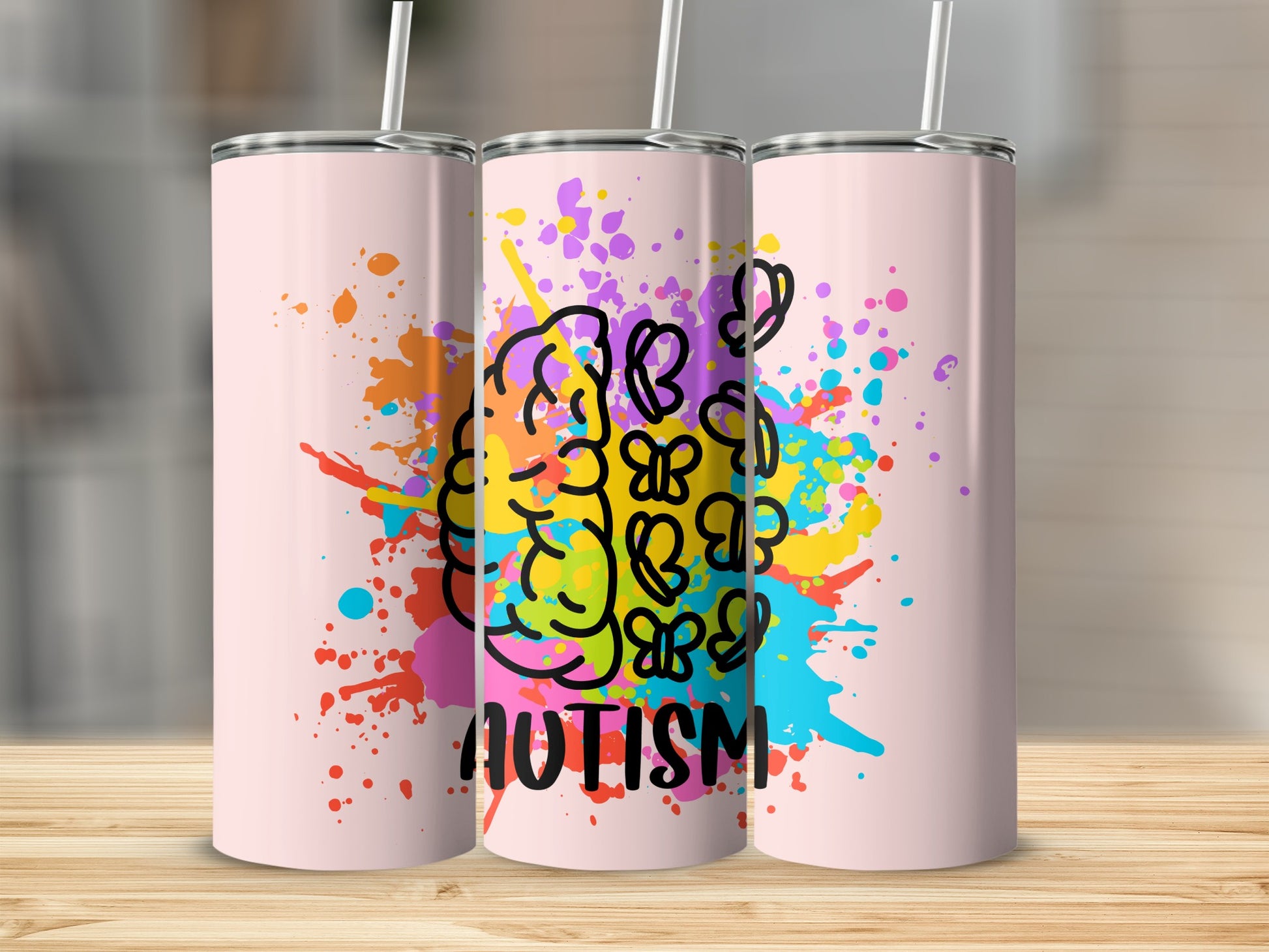 Colorful Autism Awareness Tumbler Design with Brain Art
