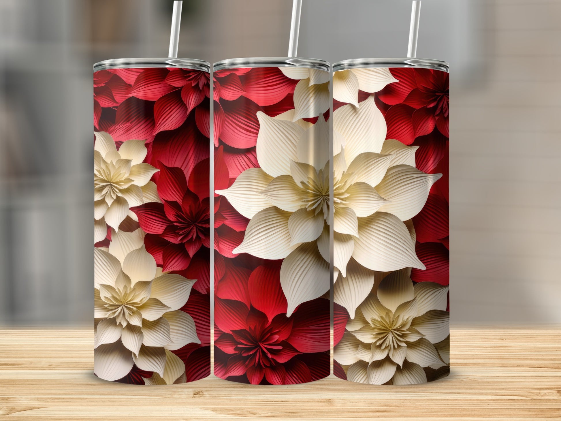 Elegant Red and White Floral Design Tumbler