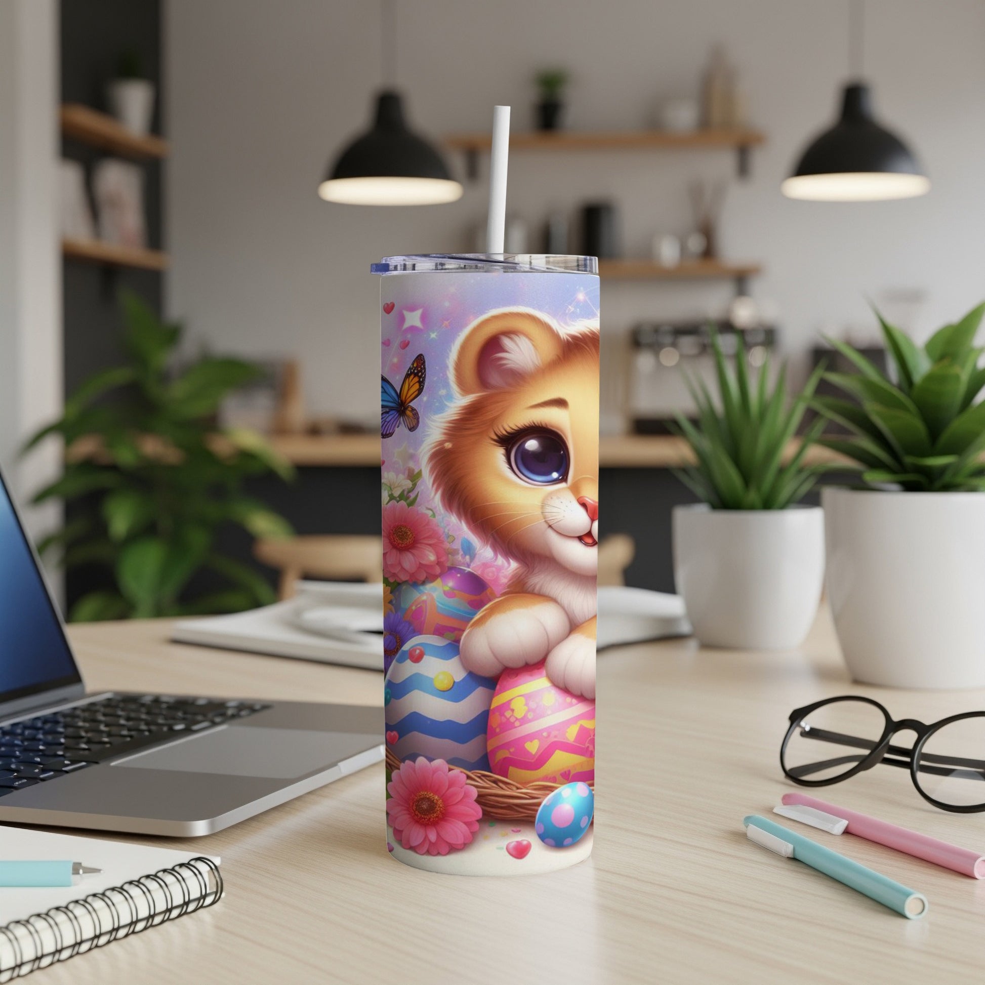 Cute cartoon lion cub with Easter eggs and flowers on a tumbler.