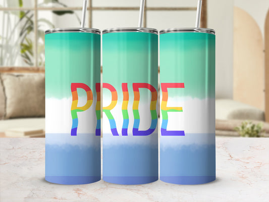 Tumbler with gradient green and blue colors and "PRIDE" in rainbow letters.