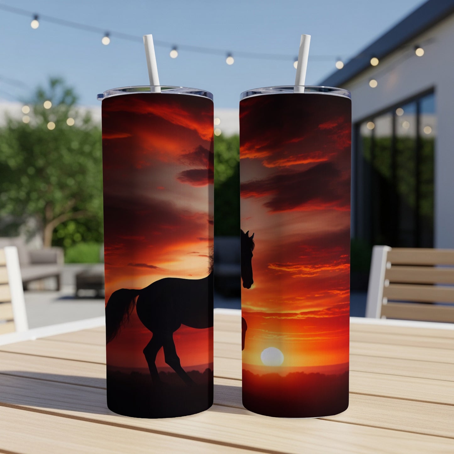 Silhouette of a horse against a dramatic sunset on a skinny tumbler.