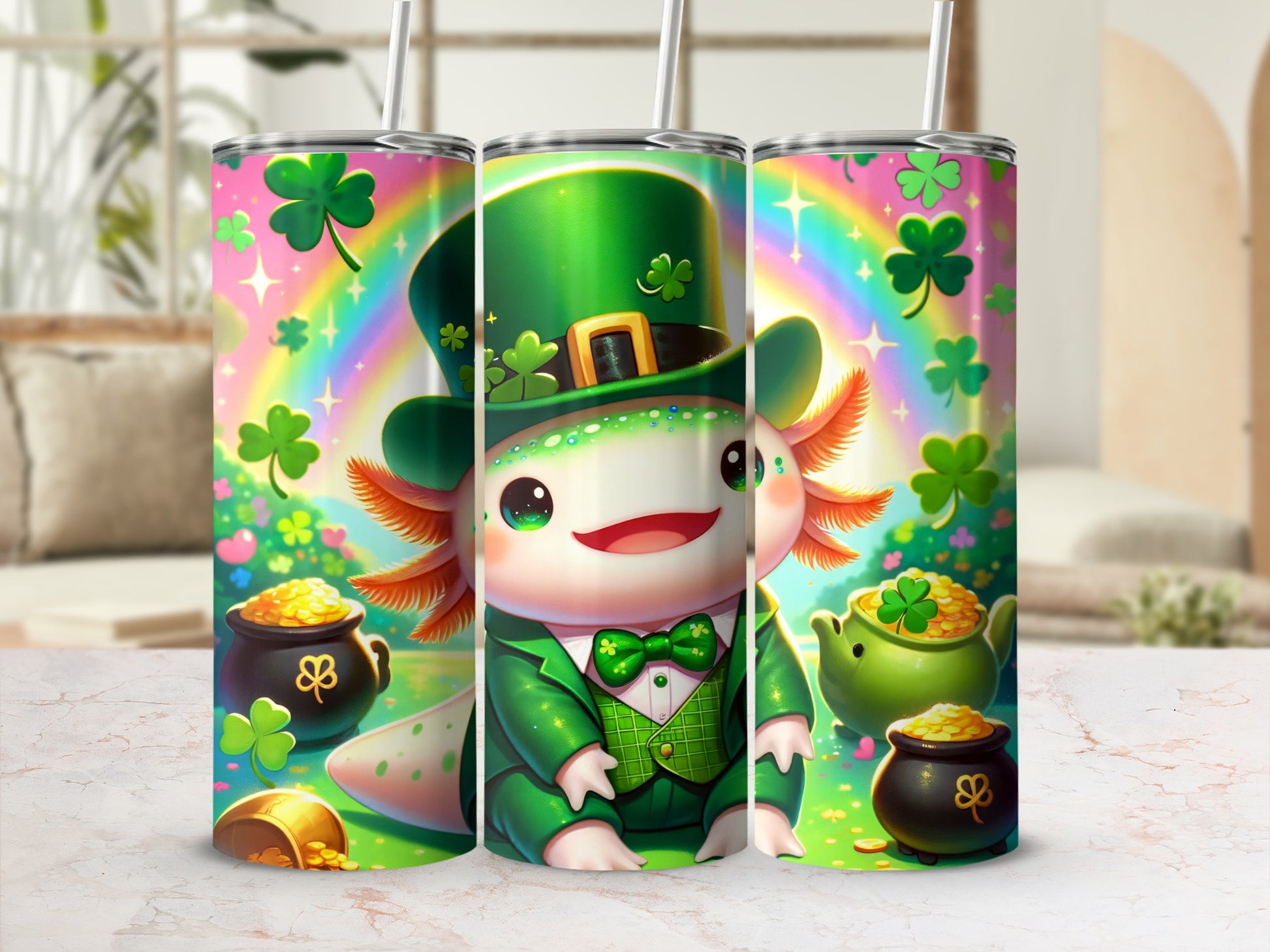 Axolotl wearing a green suit and hat with shamrocks, rainbows, and pots of gold.