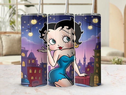 Betty Boop in a blue dress against a cityscape with string lights.