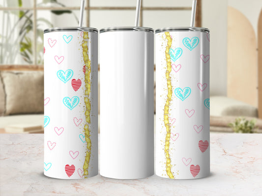 Three blank tumblers with a scattered heart pattern and gold paint streaks.