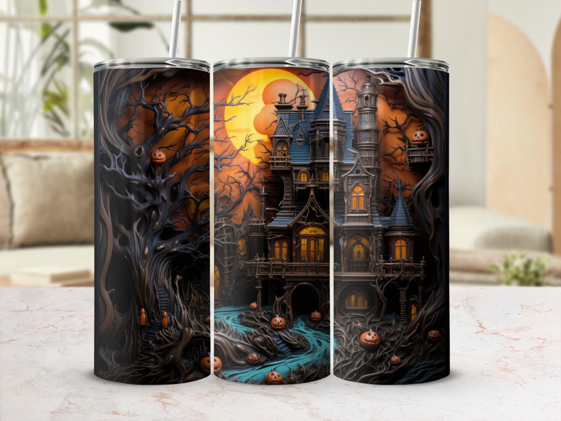 Halloween haunted mansion with jack-o'-lanterns, dark trees, and a full moon.