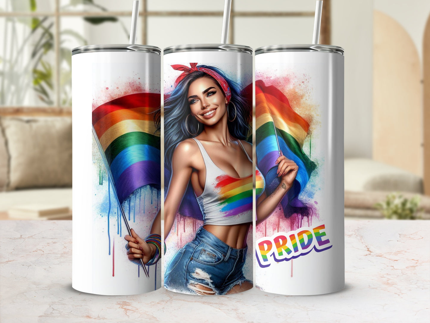 Woman holding a rainbow pride flag and a tumbler with pride artwork.