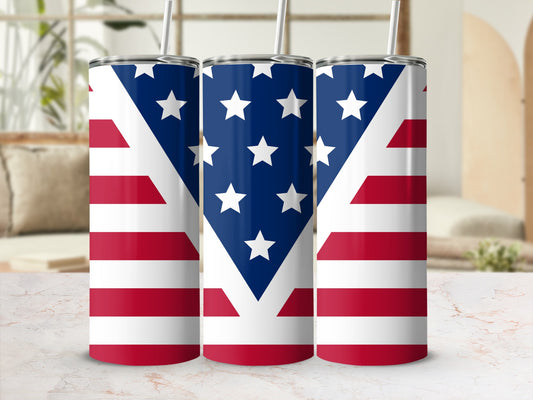 Three tumblers decorated with the American flag design.