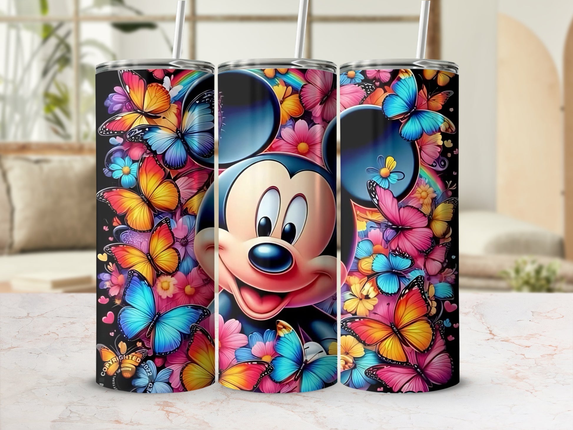 Colorful Butterfly Mickey Art Design Tumbler Cup