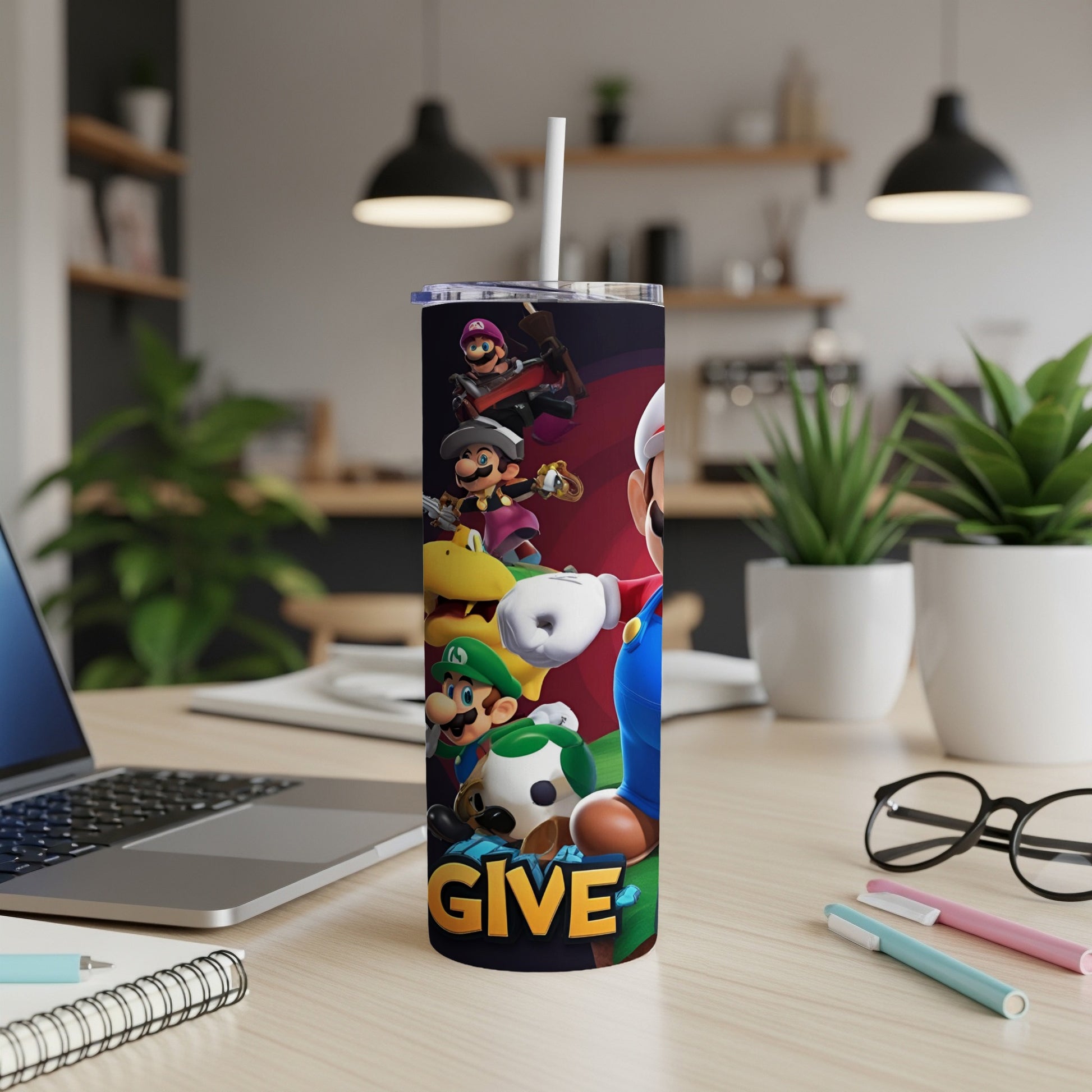 Super Mario characters and the word "GIVE" on a purple tumbler.