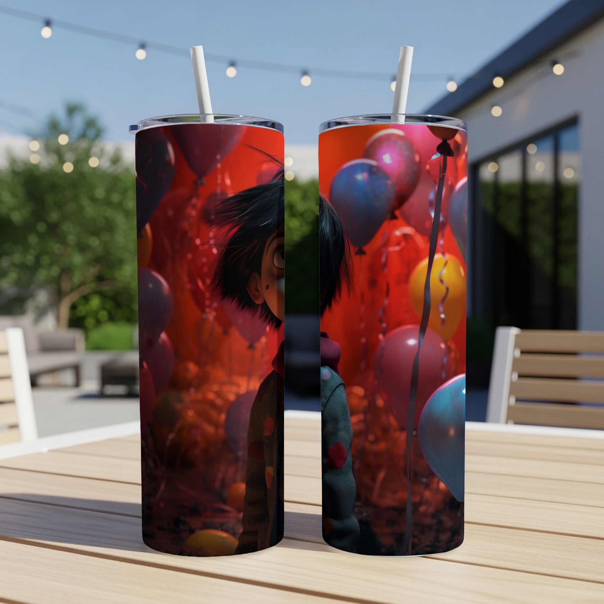 Two tumblers with spooky cartoon character and balloons design.