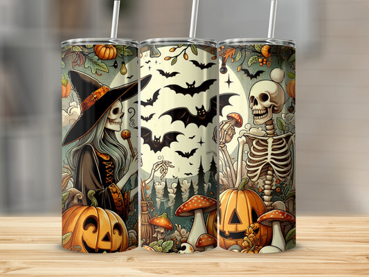 Three Halloween themed tumblers with a witch skeleton, a full skeleton, and pumpkins.