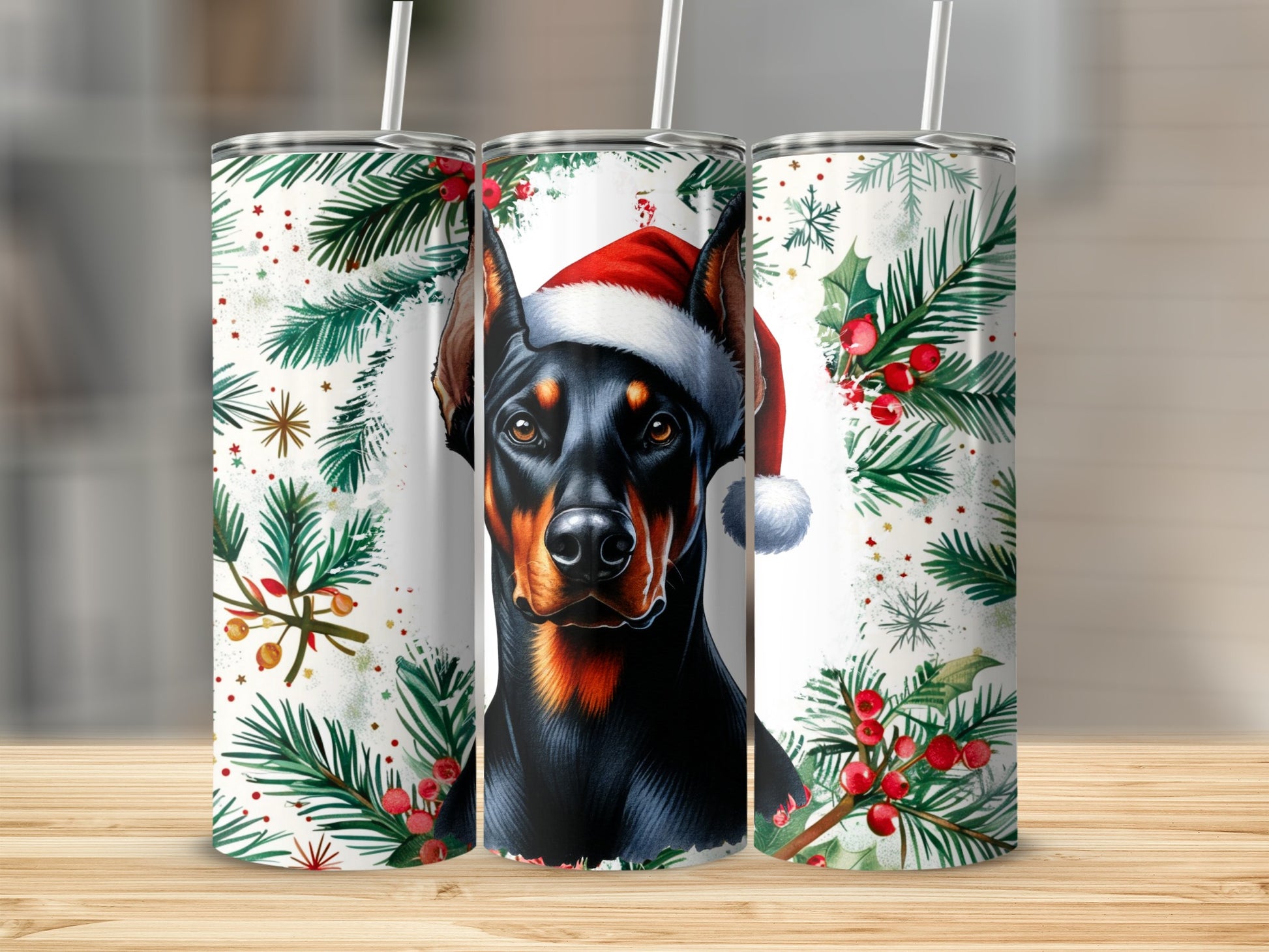 Doberman wearing Santa hat with holiday greenery and snowflakes.