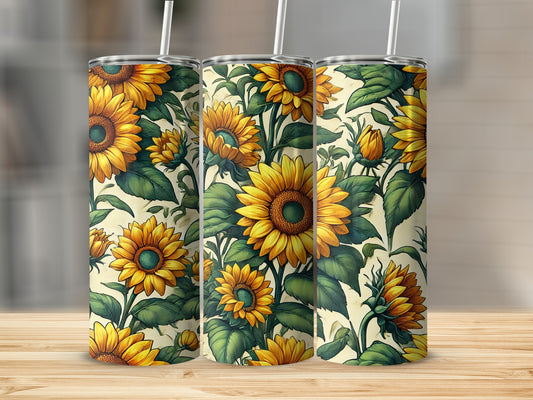 Three tall tumblers with a repeating sunflower floral pattern.