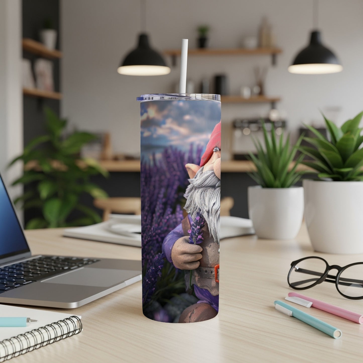 Gnome holding lavender in a field of lavender, on a tumbler.