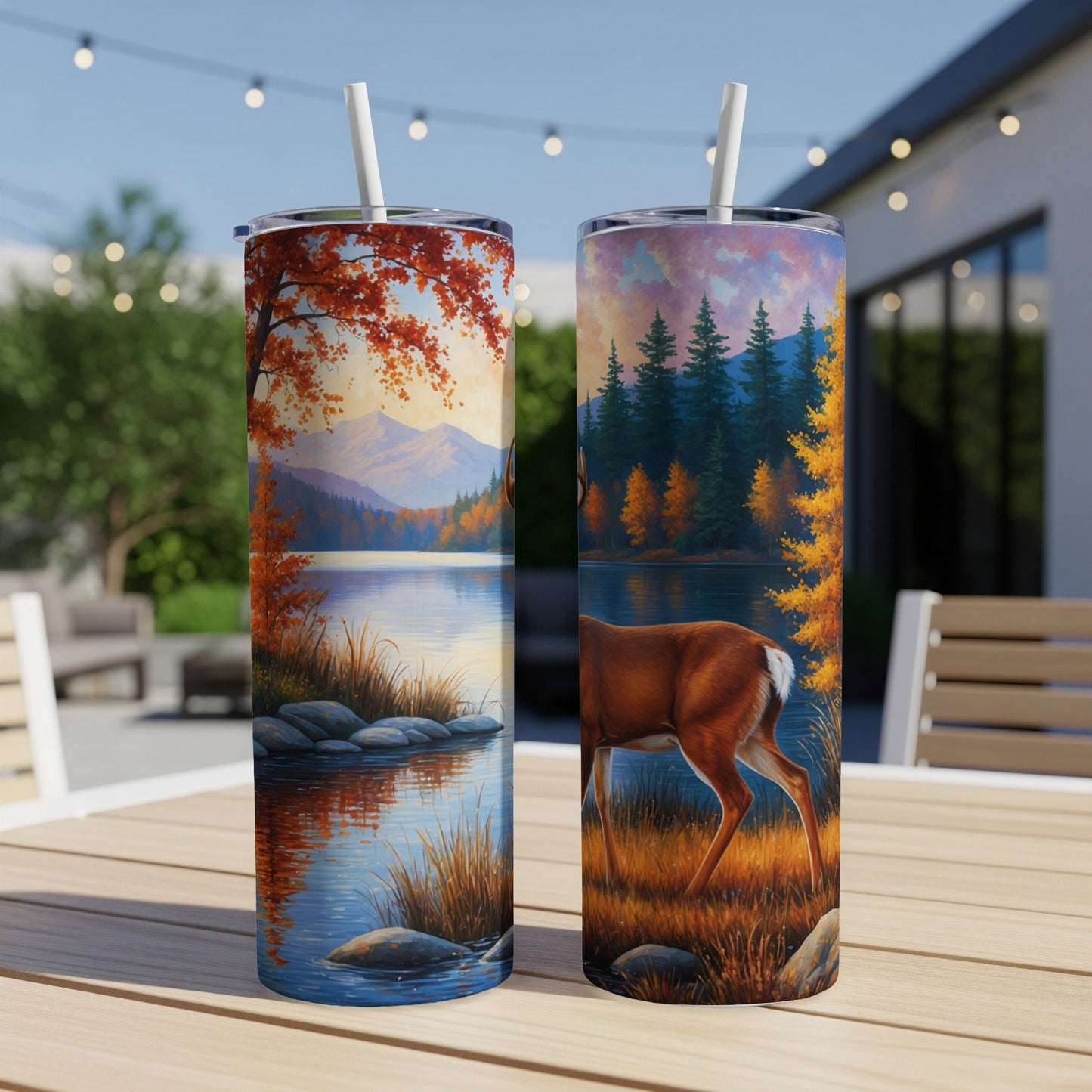 Two tumblers with a deer and autumn forest landscape.